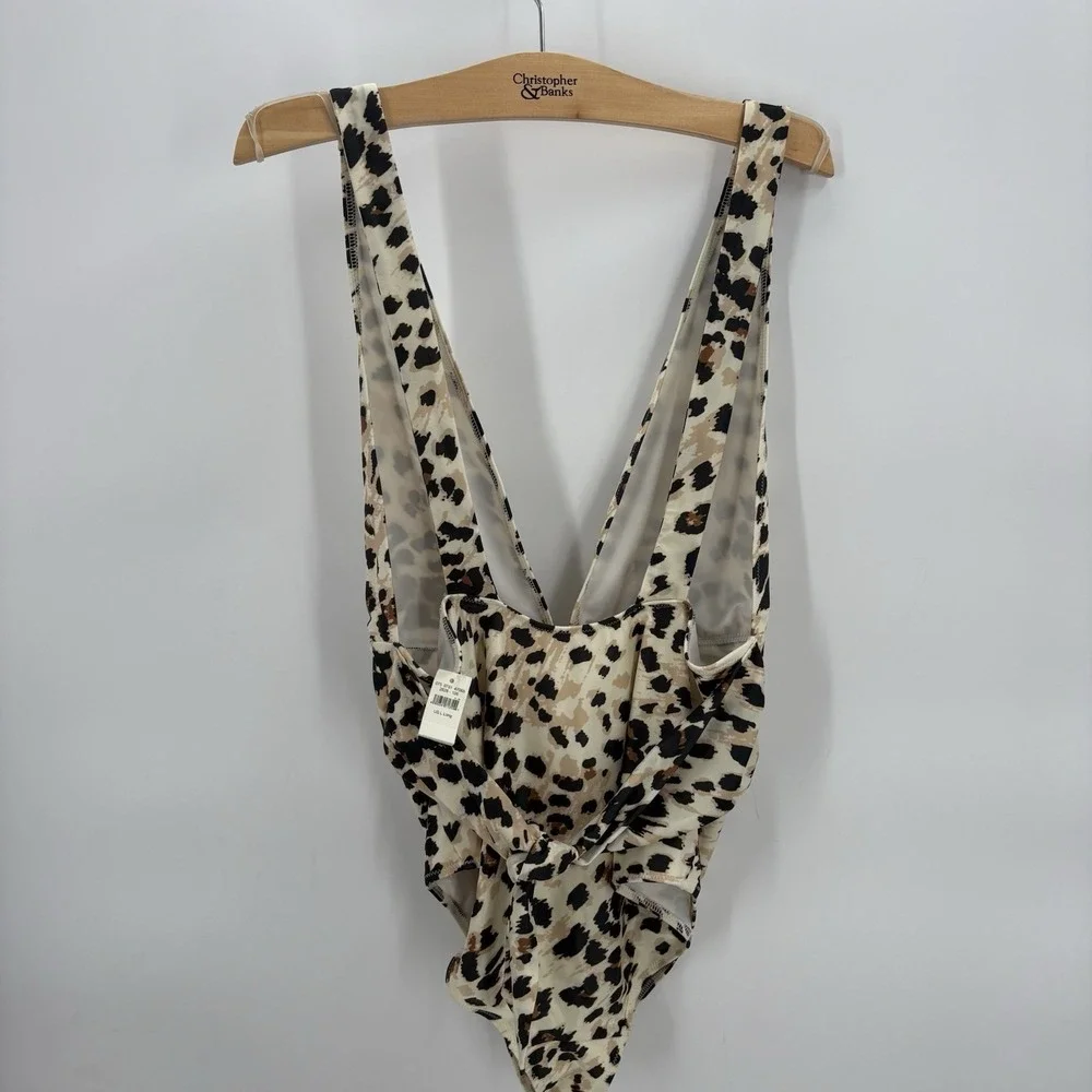 NEW Aerie Womans One Piece Swim Suit Leapord Print Deep V Plunge Size Large Long